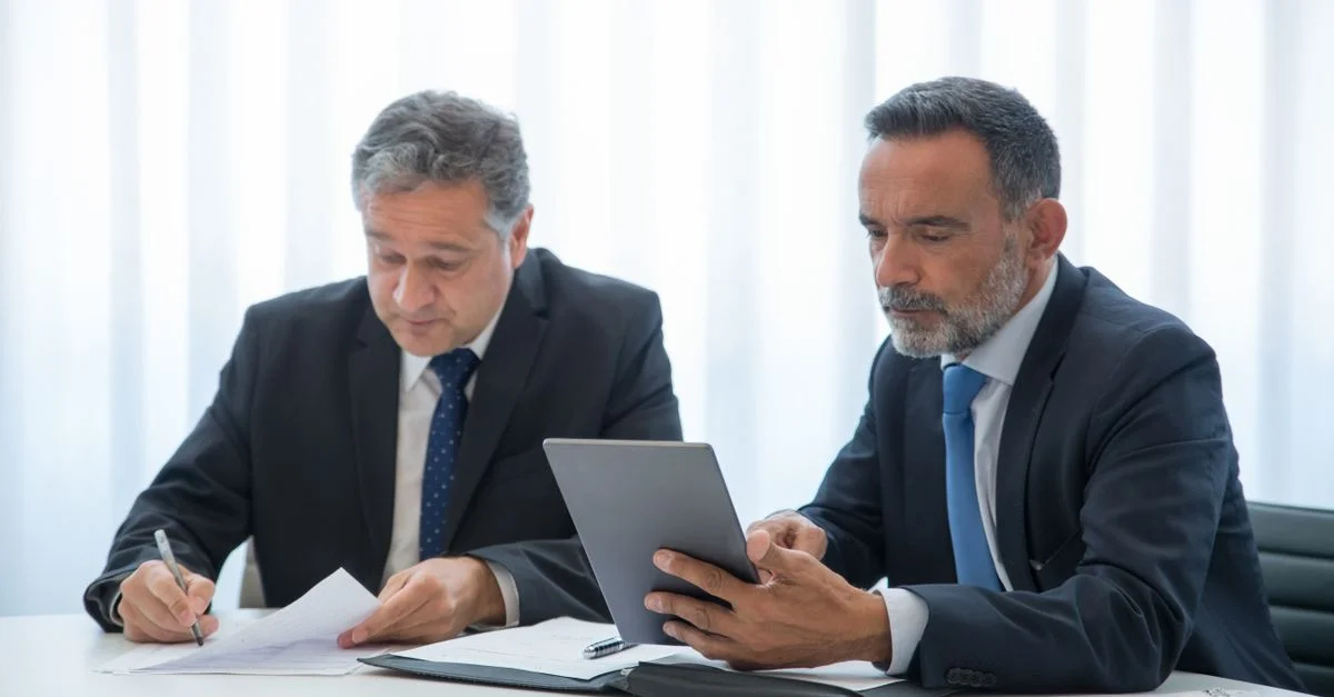 Dos hombres de negocios en una oficina moderna revisando documentos y trabajando en una tableta.
